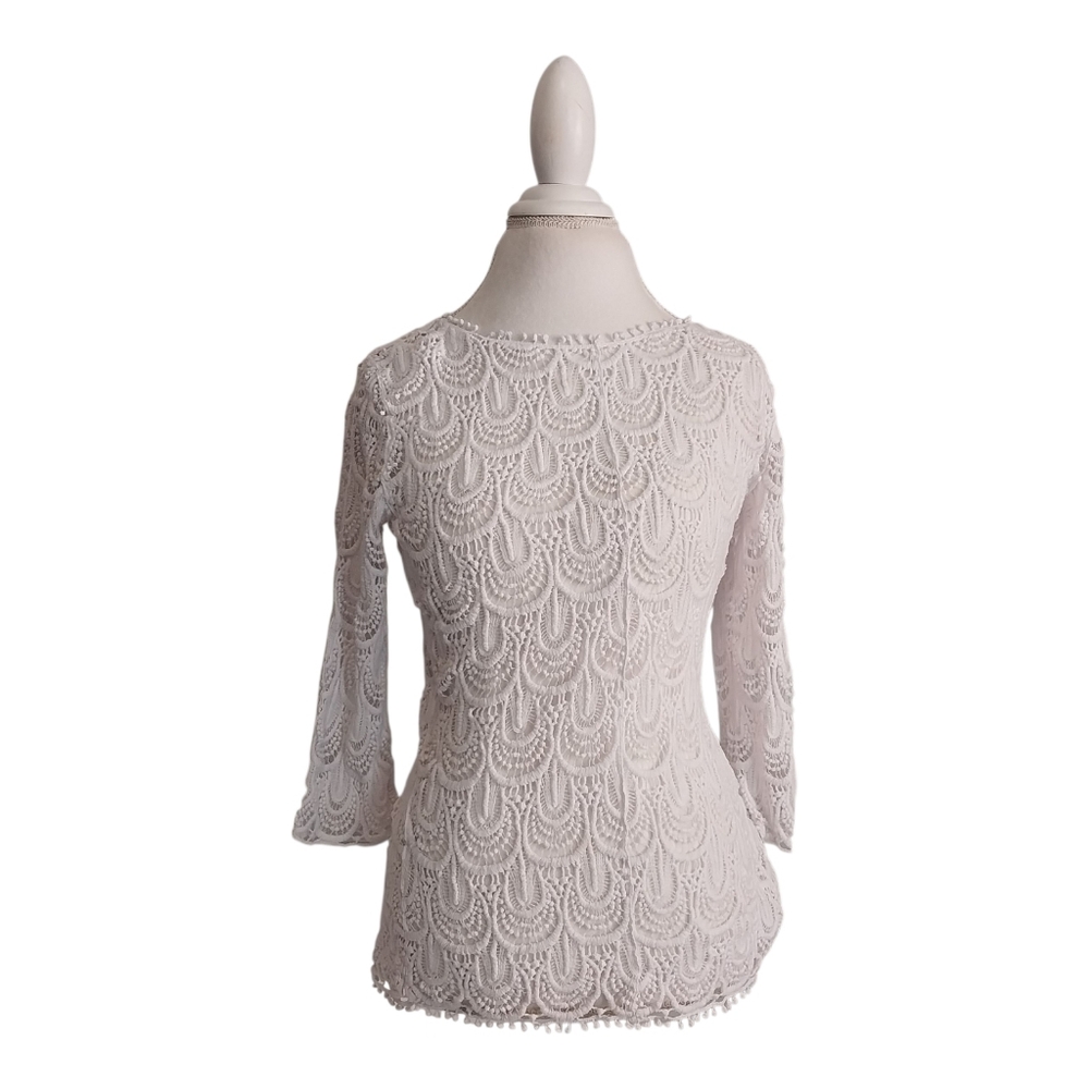 Le Dor Size Small Ivory White Open Scalloped Lace Woven 3/4 Sleeve Top Blouse
